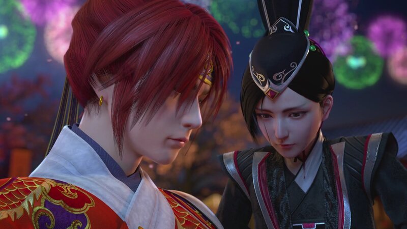 Two Characters in Traditional Attire — Red, Dramatic, Night
