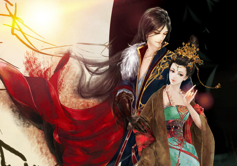 Two Characters in Traditional Attire — Red, Dramatic