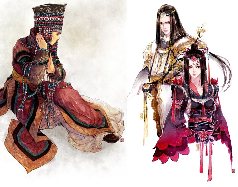 Two Characters in Traditional Attire — Red