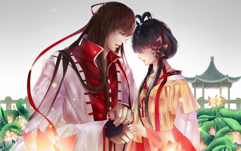 Two Characters in Traditional Clothing — Red, Serene