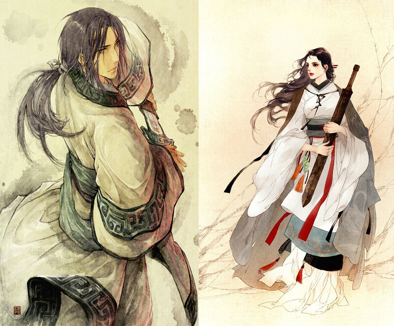 Two Characters in Traditional Clothing — White, Dramatic