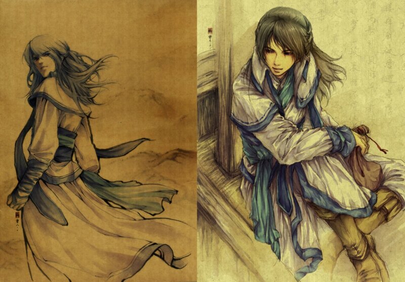 Two Characters in Traditional Robes — Brown