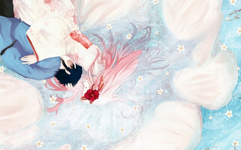 Two Characters in Water — Blue, Serene, Anime, Flowers