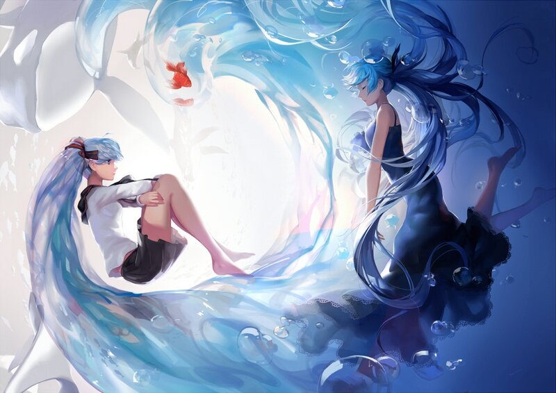 Two Characters in Water — Blue, Serene, Digital Art