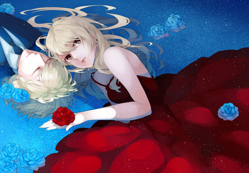 Two Characters in Water — Blue, Serene, Night, Digital Art
