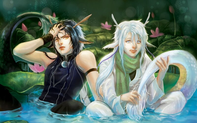 Two Characters in Water — Green, Serene