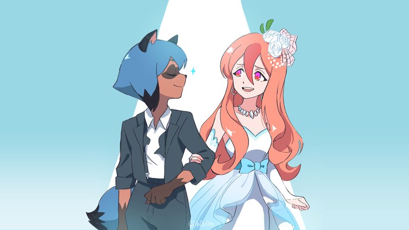Two Characters in Wedding Attire — Blue, Happy
