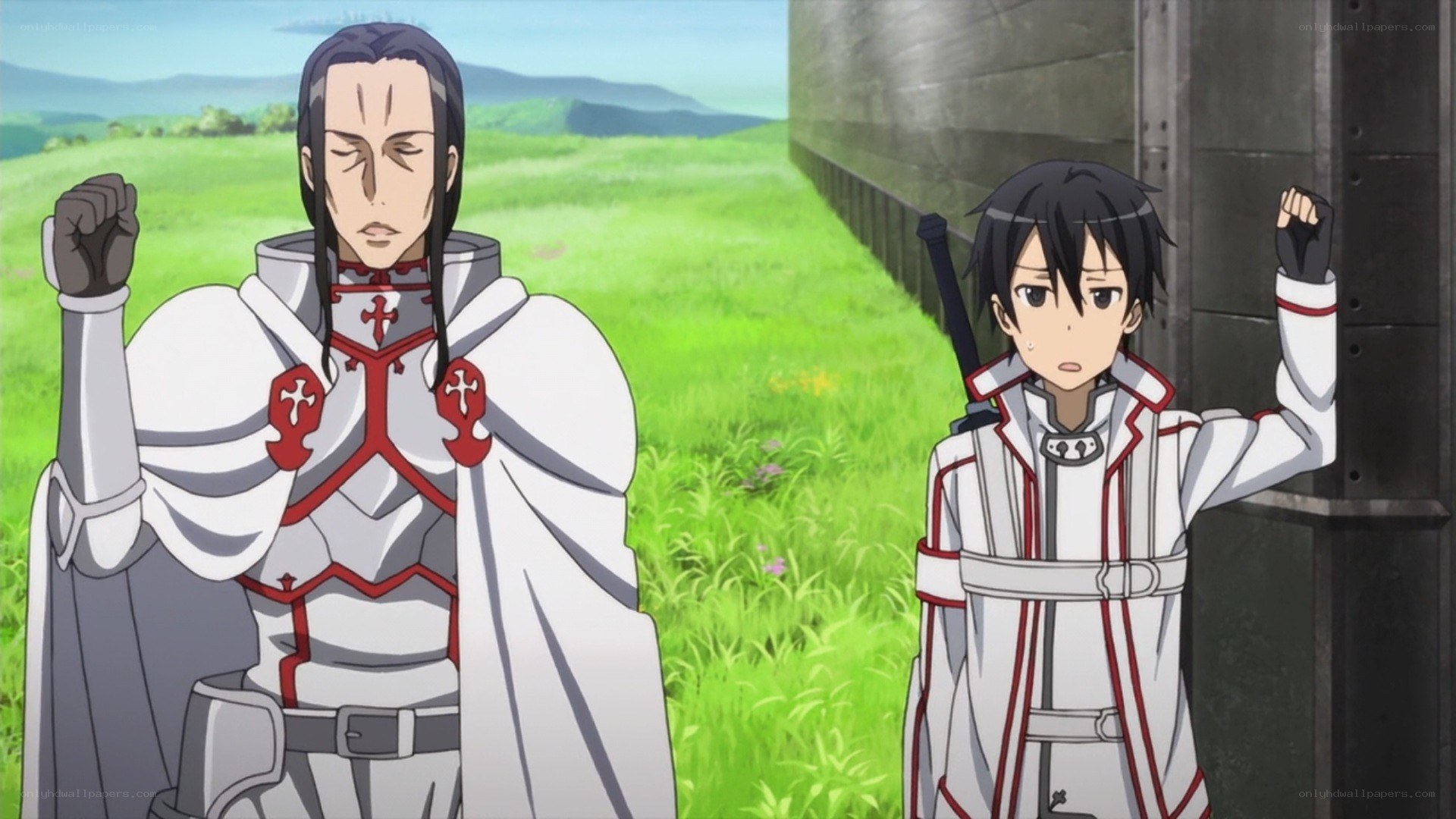 Two characters in white and red armor