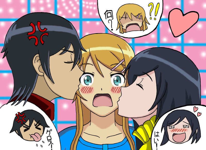 Two characters kiss a third