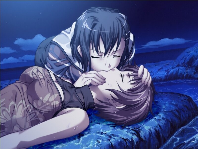 Two Characters Kissing — Blue, Dramatic, Night, Anime, Ocean
