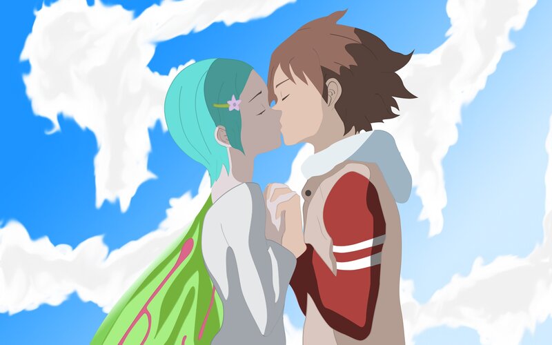 Two Characters Kissing — Blue, Romantic, Afternoon