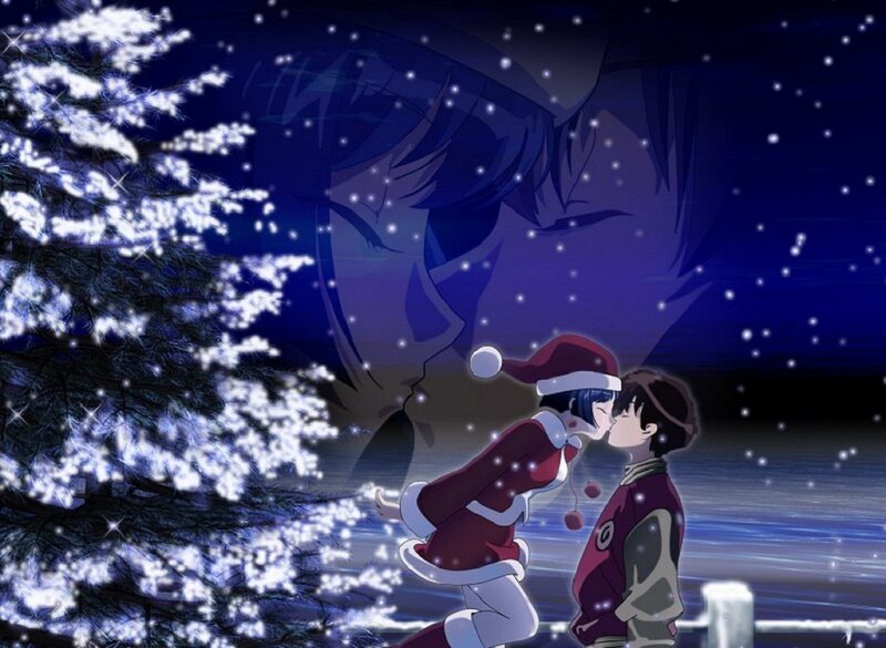 Two Characters Kissing — Blue, Romantic, Winter