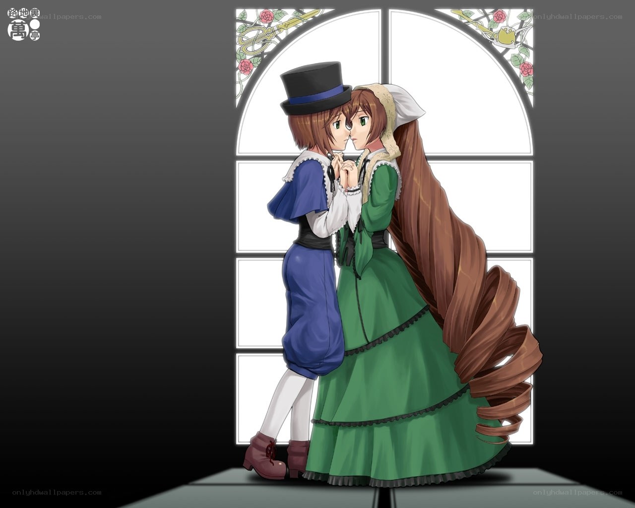 Two characters kissing by a window