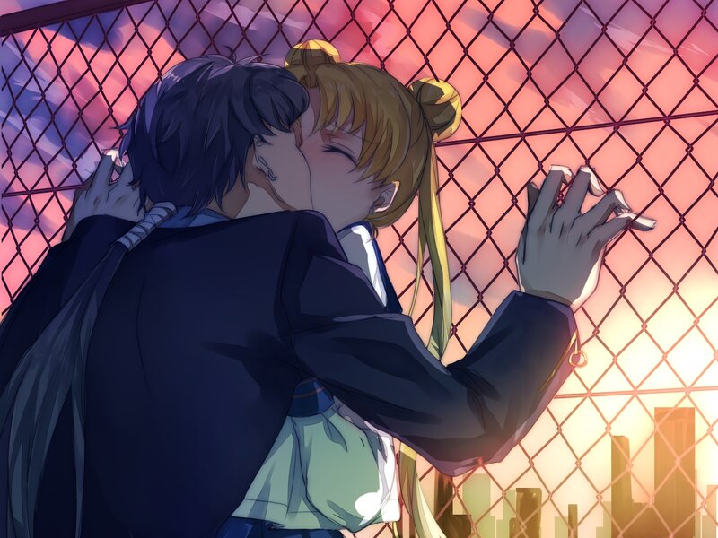 Two Characters Kissing — Pink, Romantic, Sunset, Anime