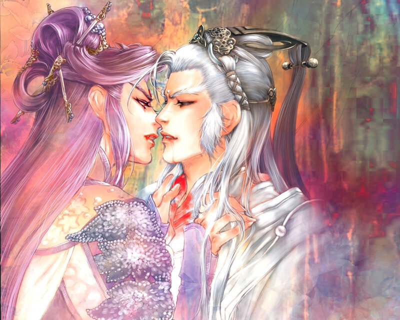 Two Characters Kissing — Purple, Dramatic, Digital Art