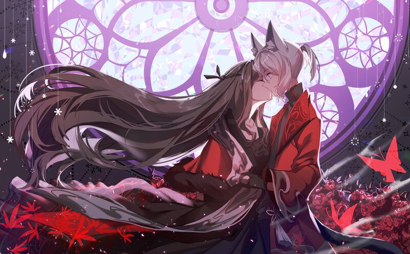 Two Characters Kissing — Purple, Romantic, Night, Digital Art, Stained Glass