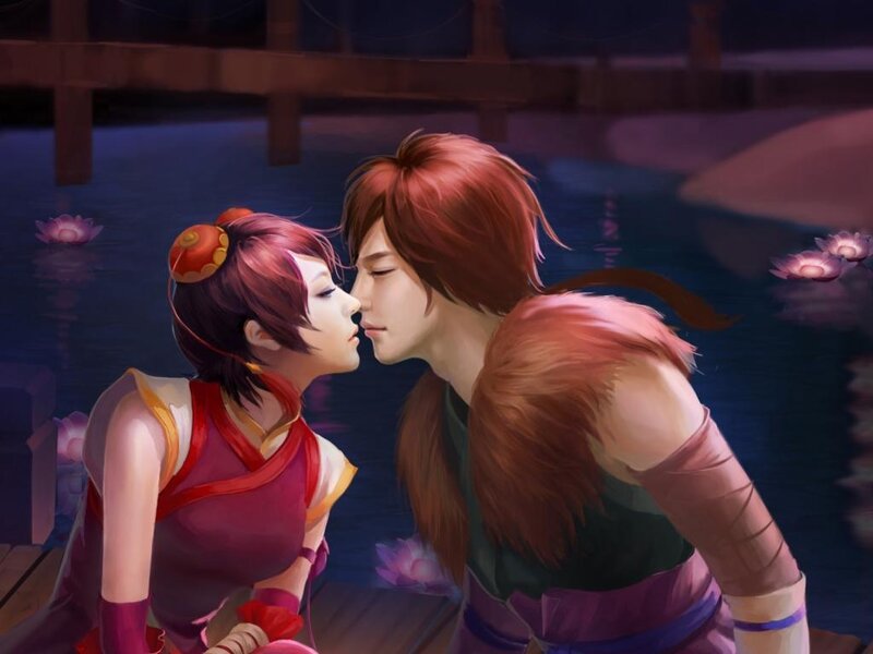 Two Characters Kissing — Purple, Romantic, Night