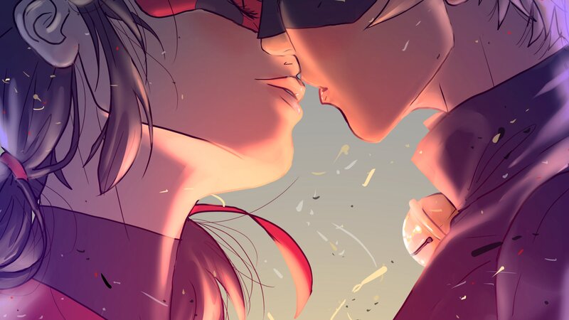 Two Characters Kissing — Purple, Romantic, Sunset