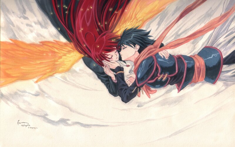 Two Characters Kissing — Red, Dramatic, Anime, Fire Wings