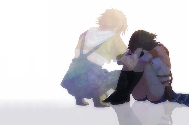Two Characters Kneeling — White, Somber