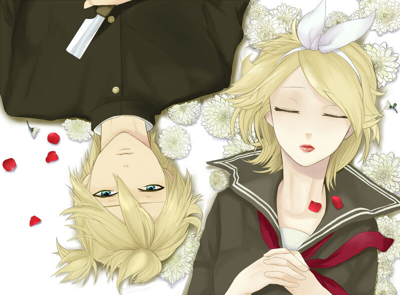 Two characters lying in flowers