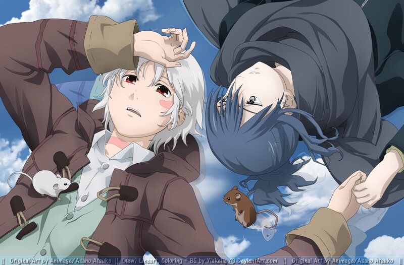 Two characters lying in the sky