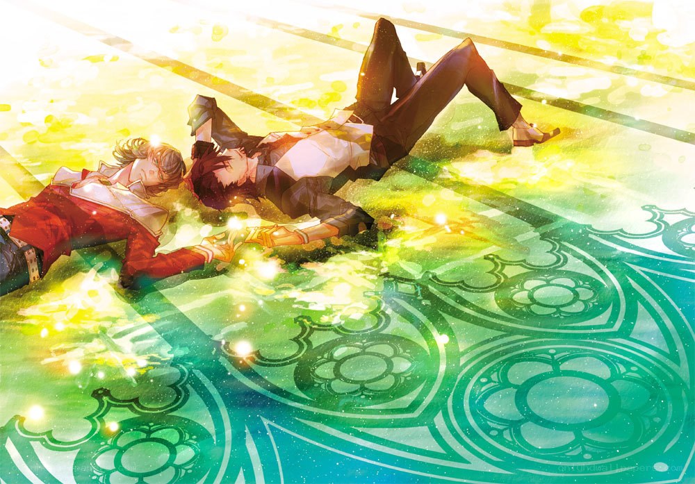Two characters lying on a glowing floor