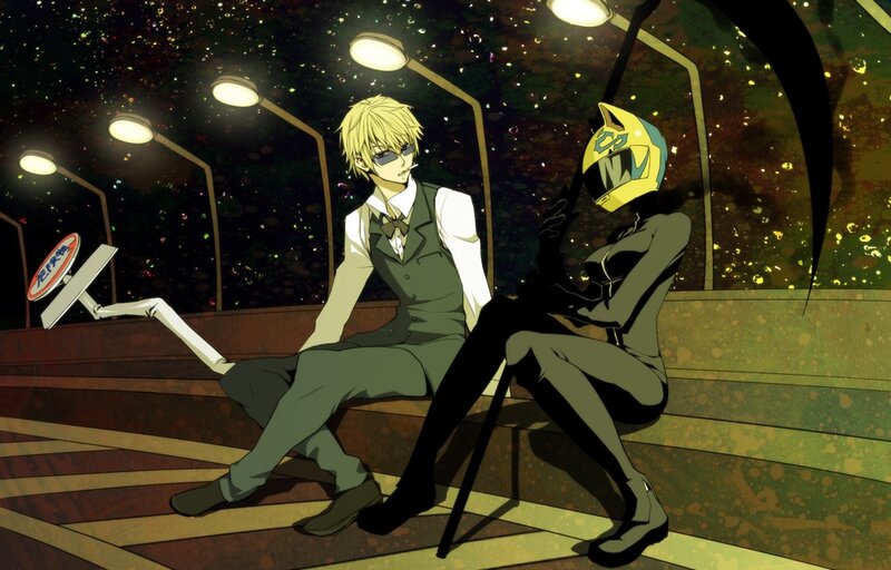 Two characters on a bench at night