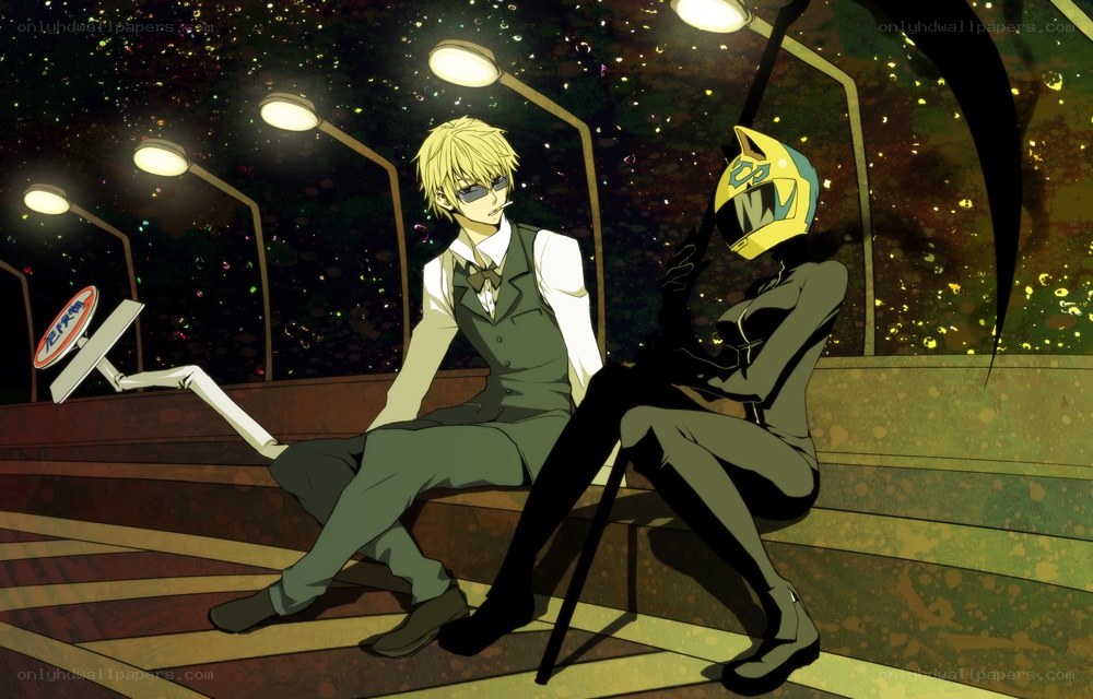 Two characters on a bench at night