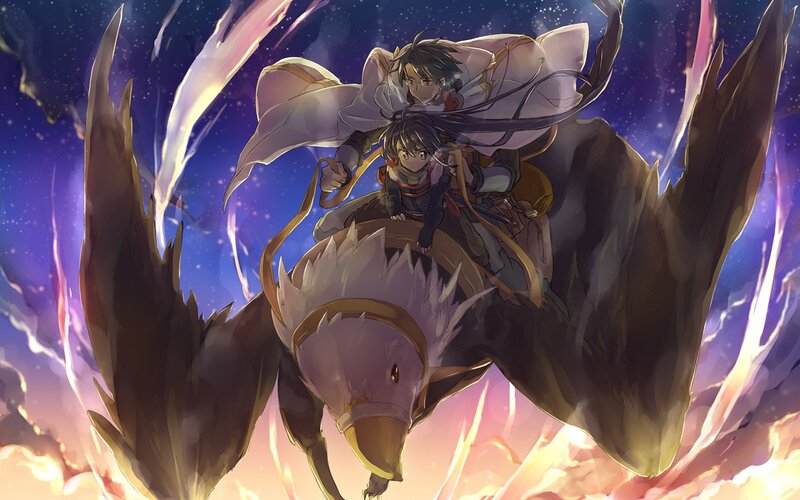 Two Characters on a Bird — Purple
