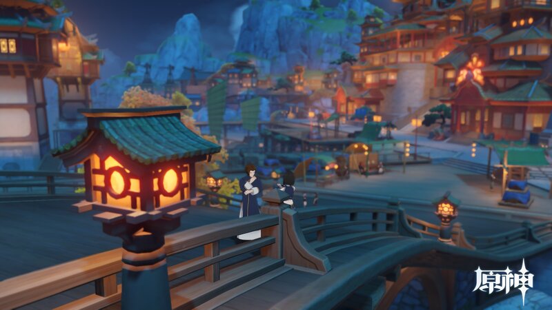 Two Characters on a Bridge — Blue, Serene, Night, 3d Render