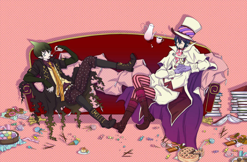 Two characters on a candy-filled couch