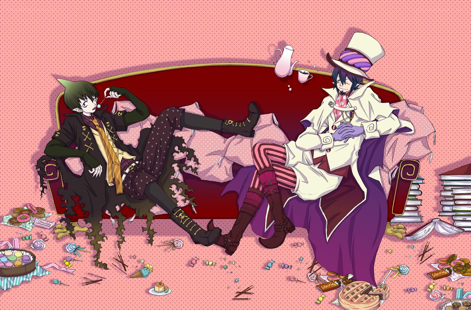 Two characters on a candy-filled couch