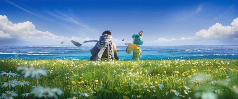 Two Characters on a Cliff — Blue, Serene, Afternoon