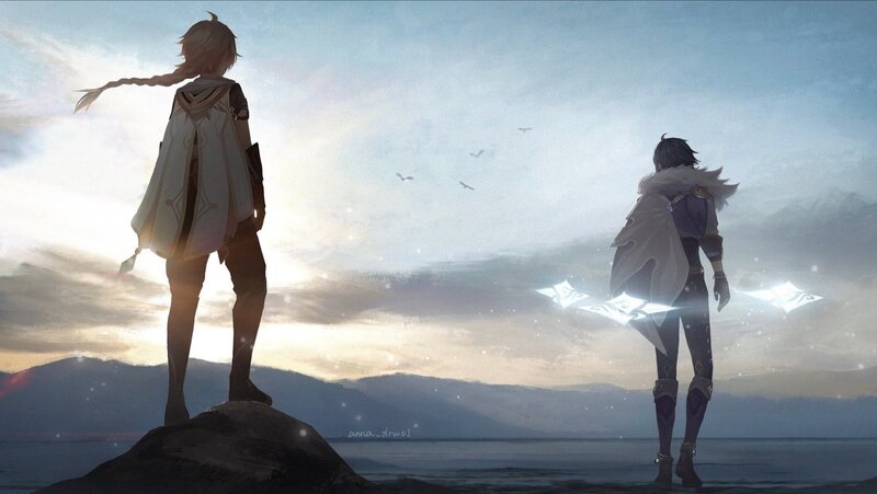 Two Characters on a Cliff — Blue, Serene, Sunset, Digital Art