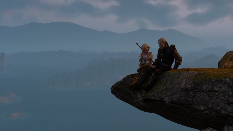 Two Characters on a Cliff — Blue, Serene, Sunset