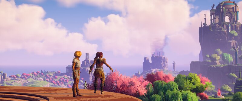 Two Characters on a Cliff — Pink, Serene