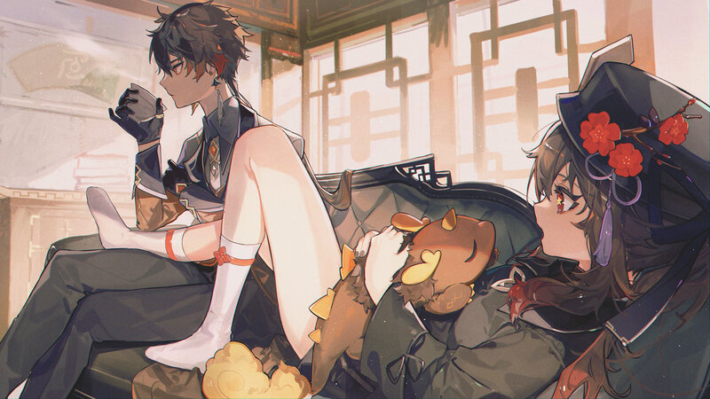 Two Characters on a Couch — Brown, Calm
