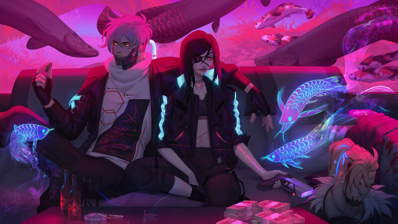 Two Characters on a Couch — Pink, Dark