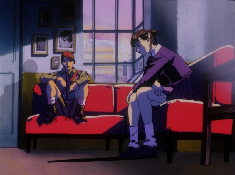 Two Characters on a Couch — Red, Dramatic, Sunset