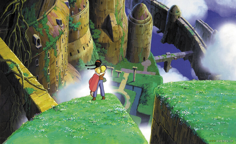 Two characters on a grassy cliff