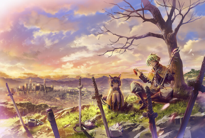 Two Characters on a Hill — Purple, Serene