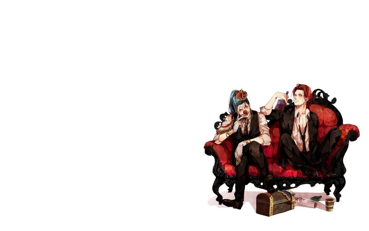 Two characters on a red couch
