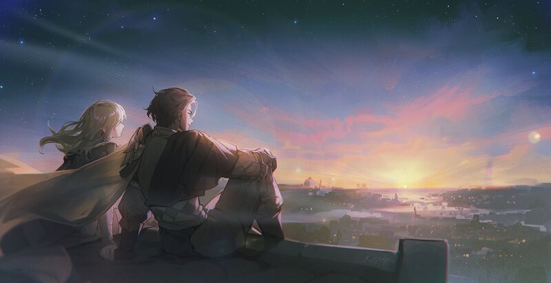 Two Characters on a Rooftop — Purple