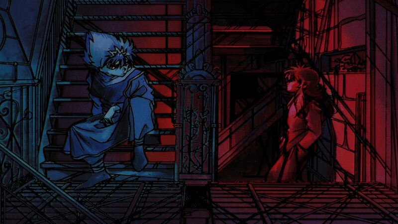 Two characters on a staircase