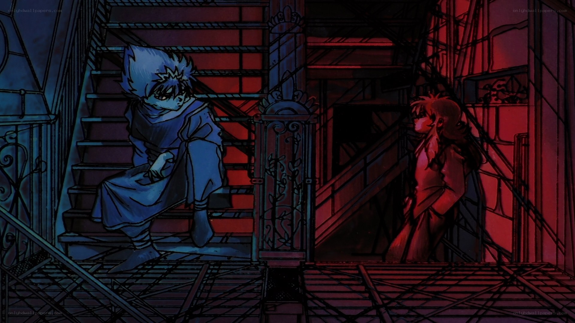 Two characters on a staircase