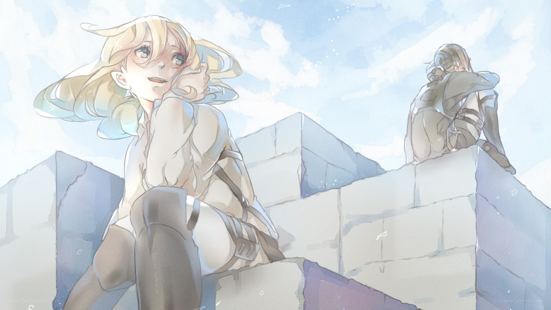 Two characters on a stone wall