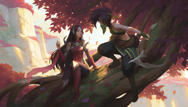Two Characters on a Tree Branch — Red
