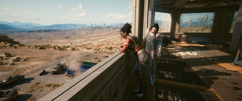 Two Characters on Balcony — Brown, Dramatic