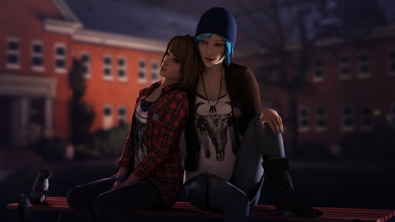 Two Characters on Bench — Blue